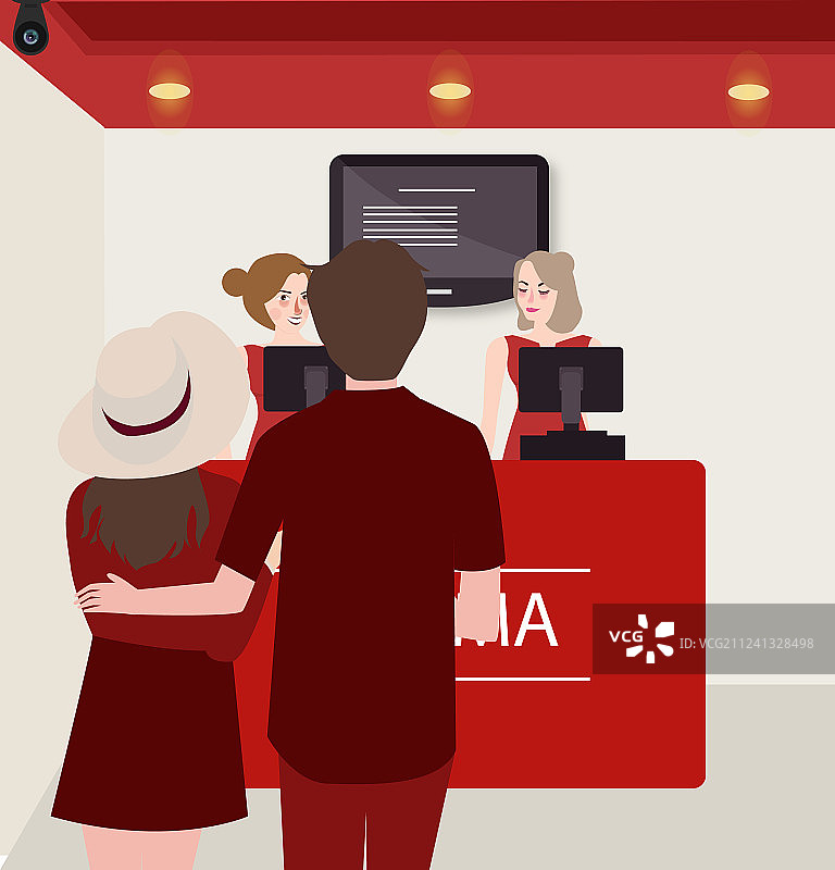 情侣在电影院售票柜台购买电影票图片素材