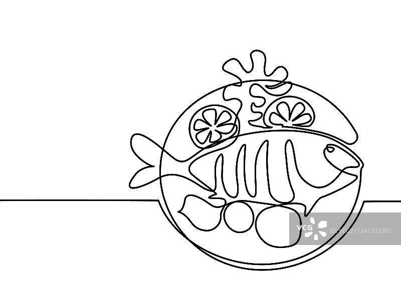 烤鱼配柠檬和土豆图片素材