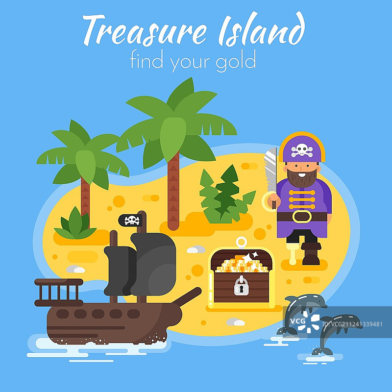 扁平风格海盗船岛屿图片素材