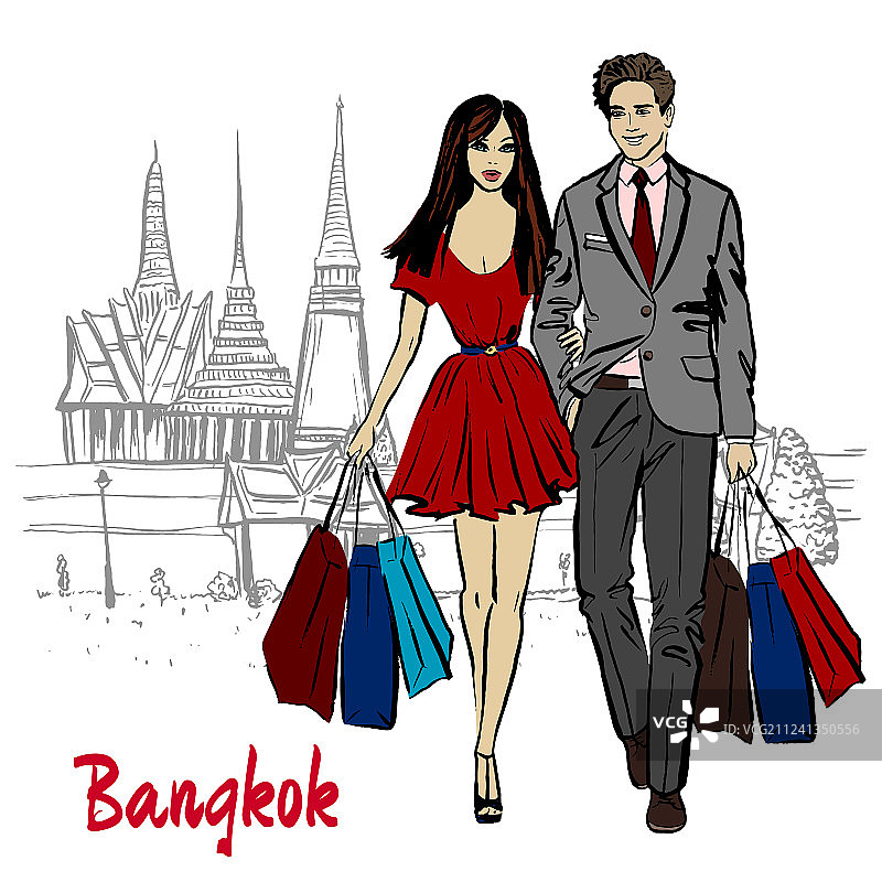 女子在大皇宫和玉佛寺附近图片素材