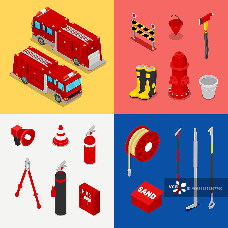 2.5D消防员装备与水罐车图片素材