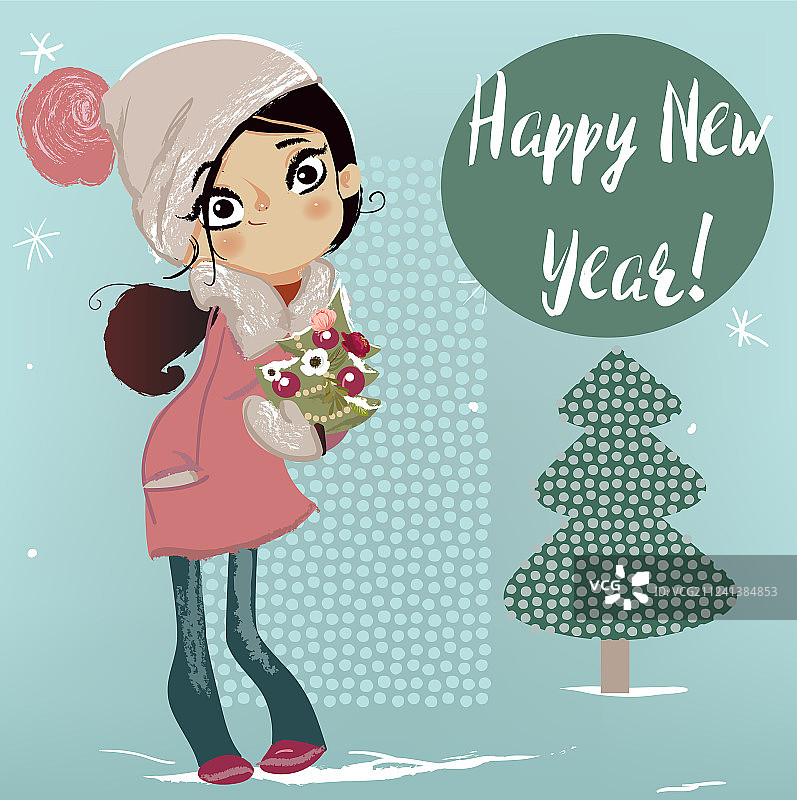 抱着圣诞树的可爱冬季女孩图片素材