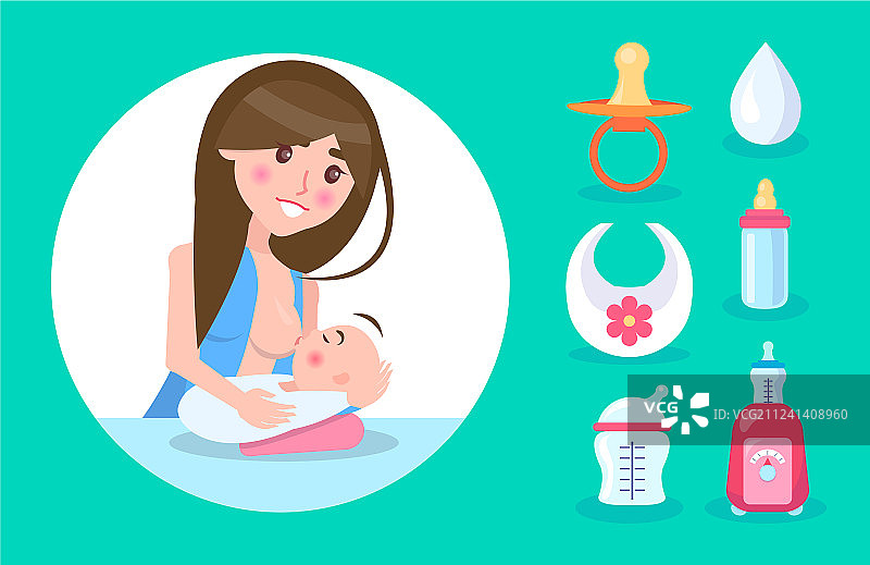 快乐的母亲给小儿子哺乳，彩色banner图片素材