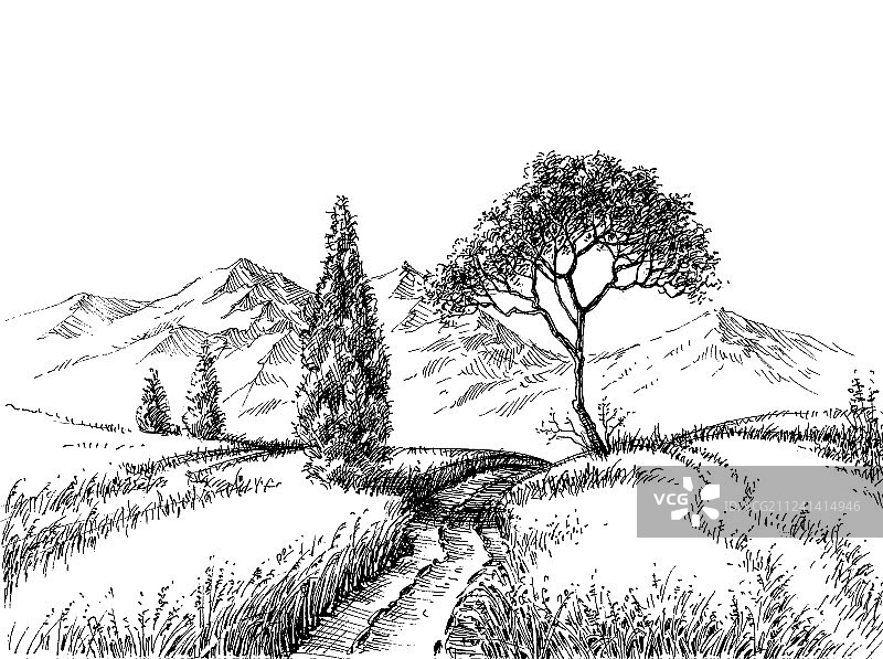 田野风景铅笔画图片素材