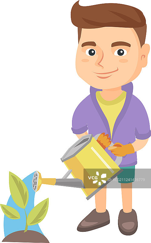 用洒水壶浇灌植物的白人男孩图片素材