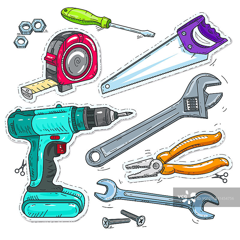 一套木工工具：钻头、锯子和卷尺图片素材