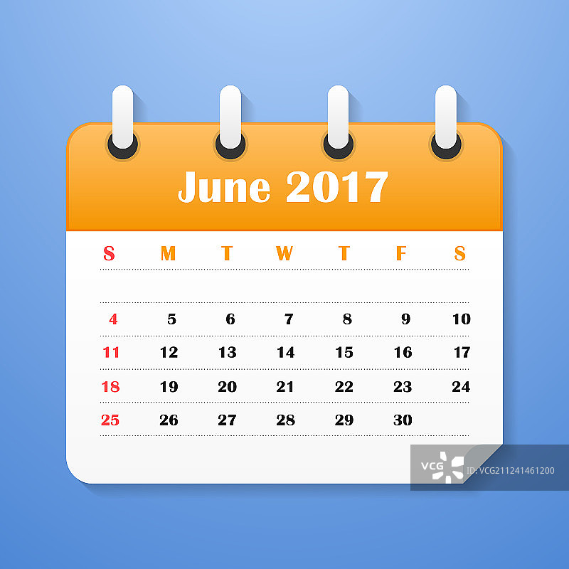 2017年6月美国日历（周日为每周第一天）图片素材