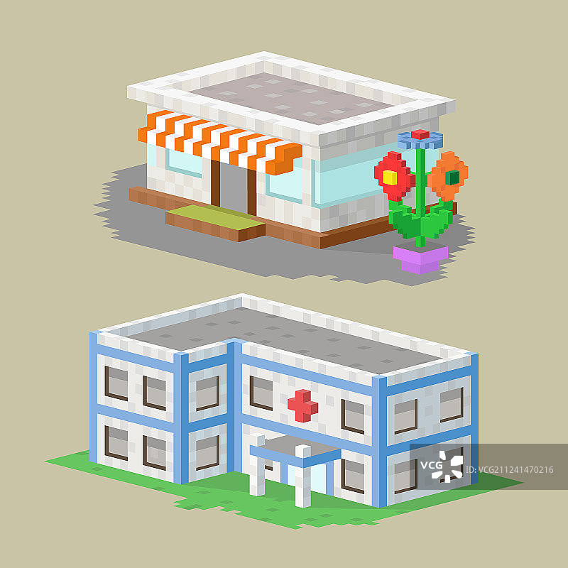 可爱多彩的扁平风格房屋村庄像素艺术图片素材