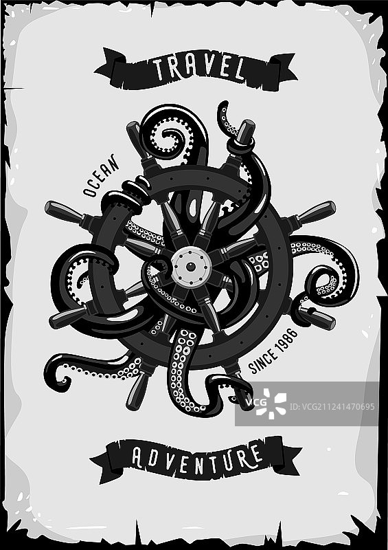 复古船舵章鱼旅行海报图片素材