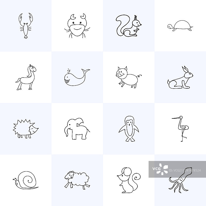 包含涂鸦的16个可编辑动物学图标图片素材