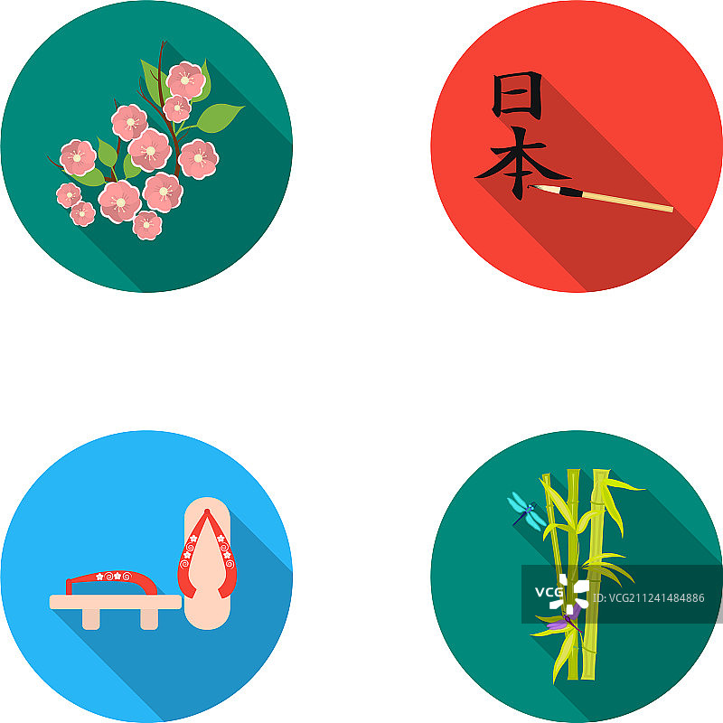 日式木屐、樱花、竹子和象形文字图片素材