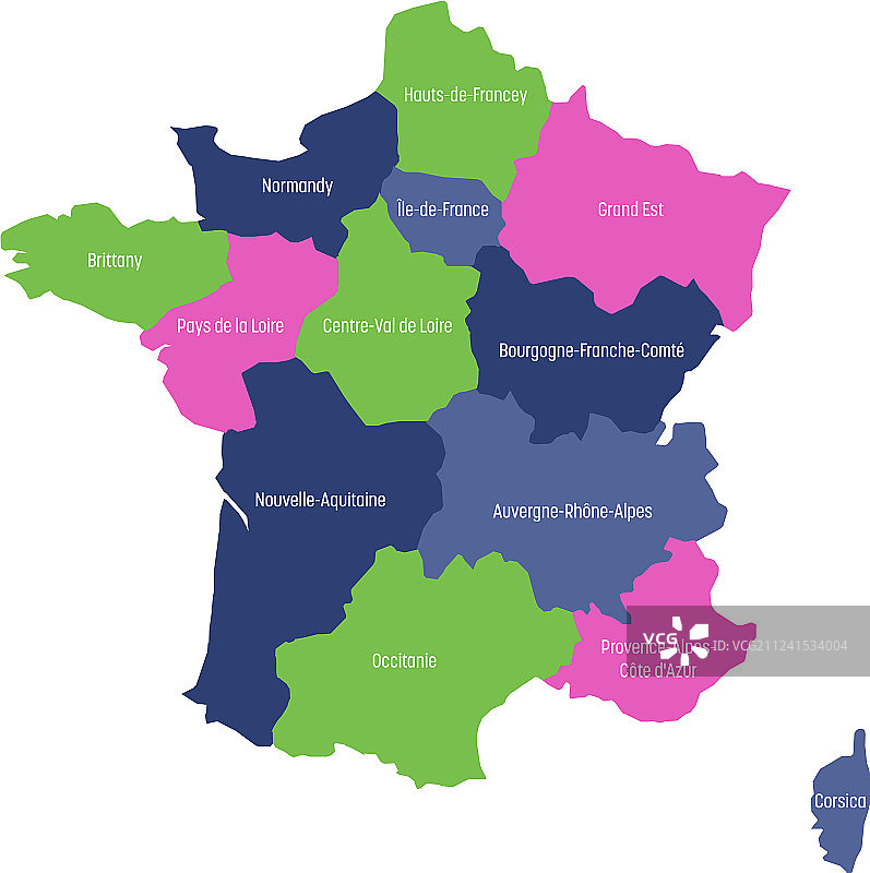 法国地图，分为13个行政区图片素材