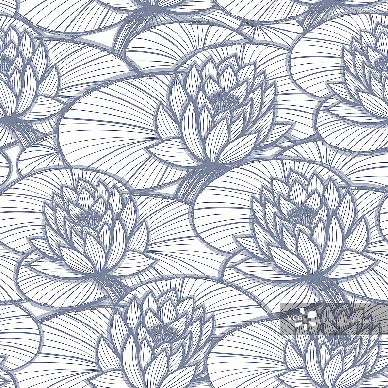 手绘墨水莲花无缝图案着色图片素材