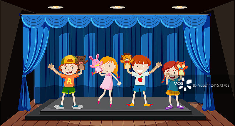 孩子们在舞台上玩手偶戏图片素材