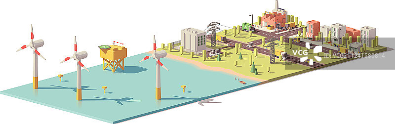 低多边形风力涡轮机发电厂图片素材