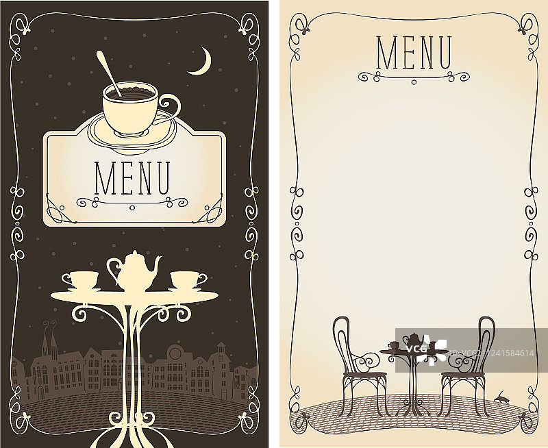 带有餐桌、城市景观、月亮和猫的菜单图片素材