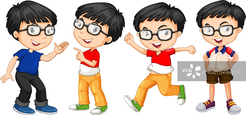 戴眼镜男孩的四个动作图片素材