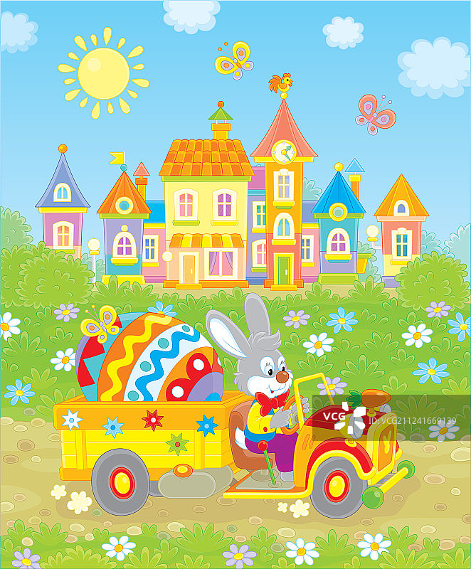 卡车里拿着彩色复活节彩蛋的兔子图片素材