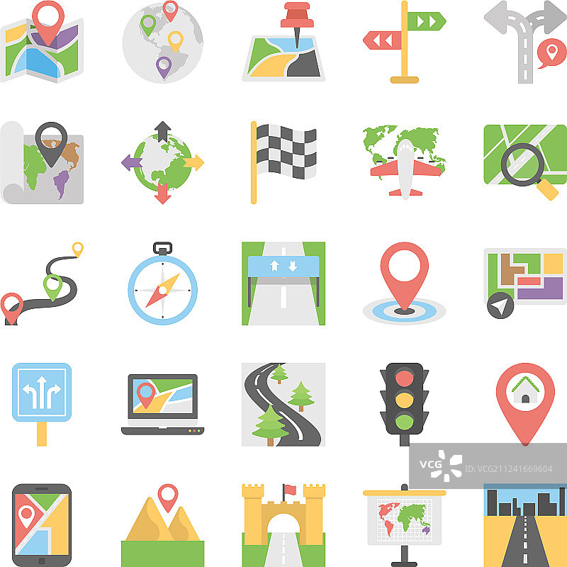 地图和导航扁平图标集图片素材