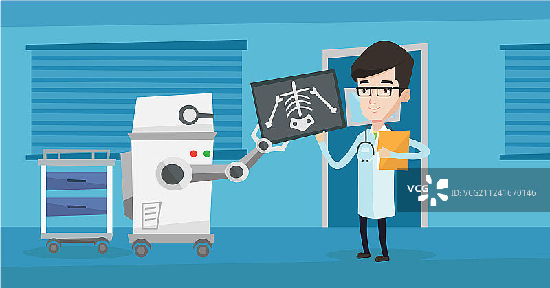 医生在机器人的帮助下检查X光片图片素材