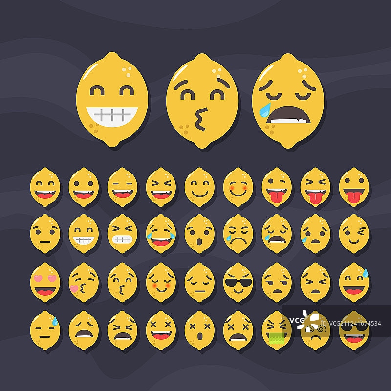 可爱水果笑脸柠檬表情符号套装图片素材
