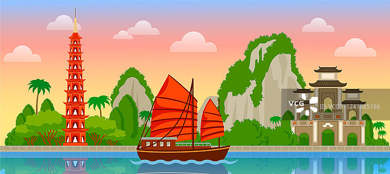 越南天际线与彩色建筑及黎明图片素材