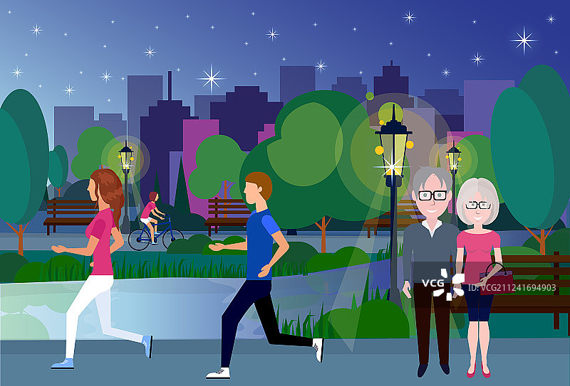 夜间公园情侣木制长椅图片素材