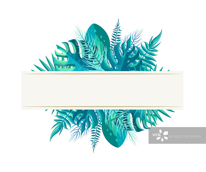 蓝色热带植物叶子的空banner图片素材