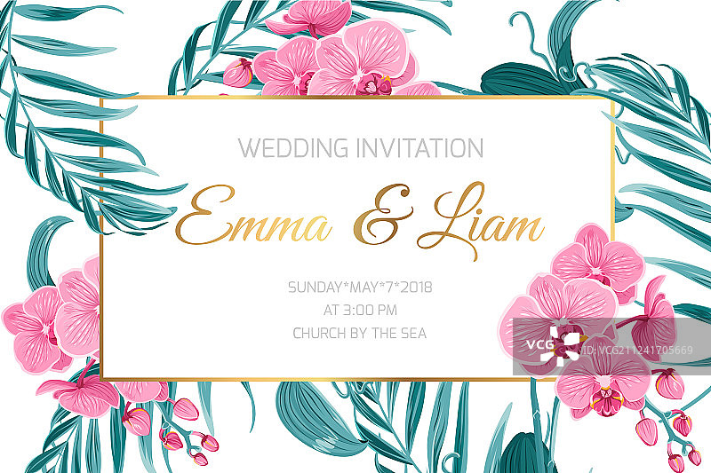 婚礼邀请卡边框兰花叶子图片素材