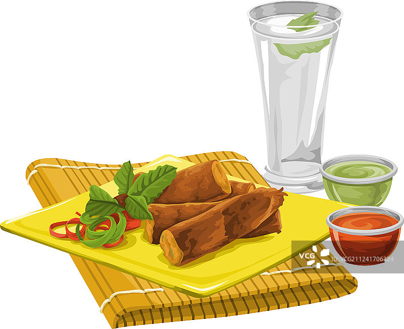 搭配饮品和酱汁的蛋卷图片素材