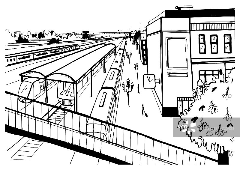 火车站顶视图单色素描图片素材