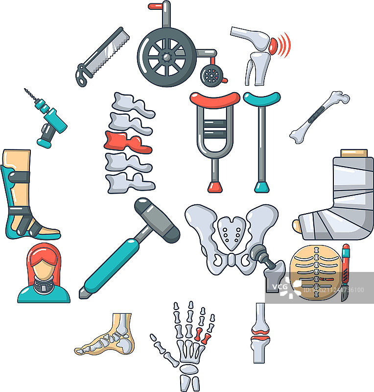 骨科医生骨骼工具卡通图标集图片素材