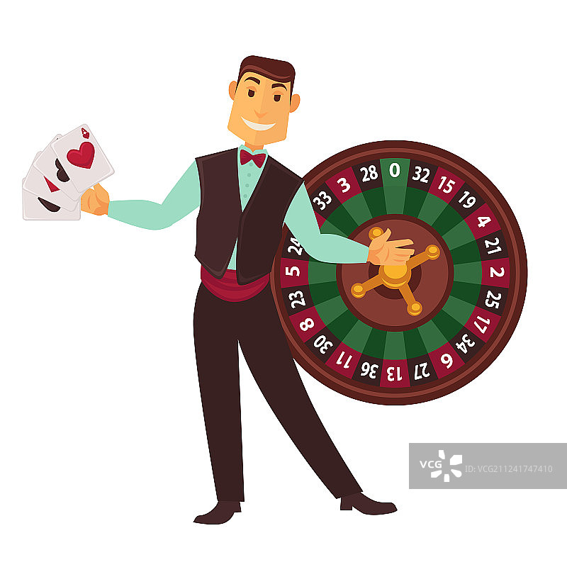 穿着工作服的庄家，拿着扑克牌和轮盘赌图片素材