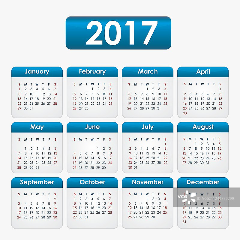 蓝色2017年日历图片素材