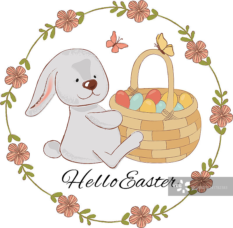 野兔与篮子复活节动物假日套装图片素材
