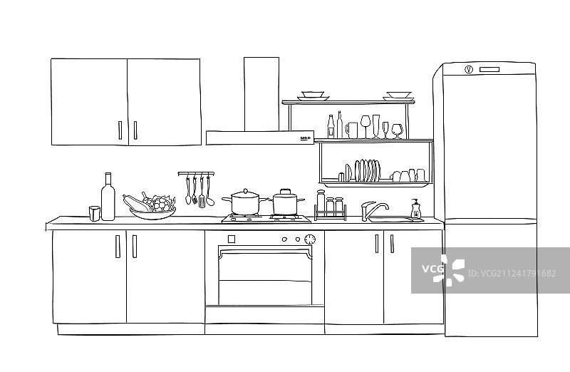 厨房房间轮廓蓝图的室内草图图片素材