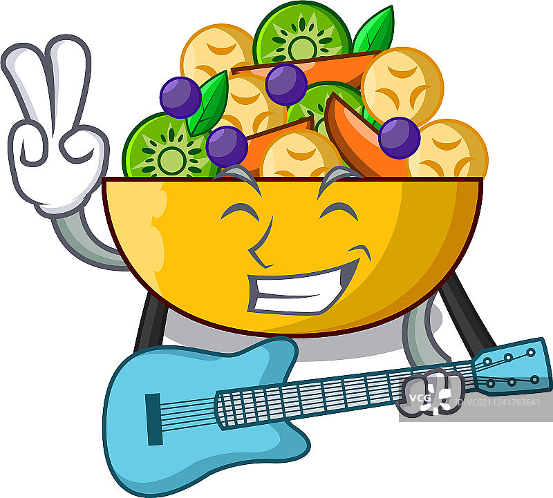 拿着吉他的吉祥物与新鲜美味的水果沙拉图片素材