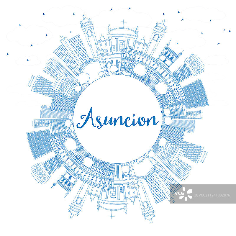 带有蓝色建筑的亚松森天际线轮廓图片素材