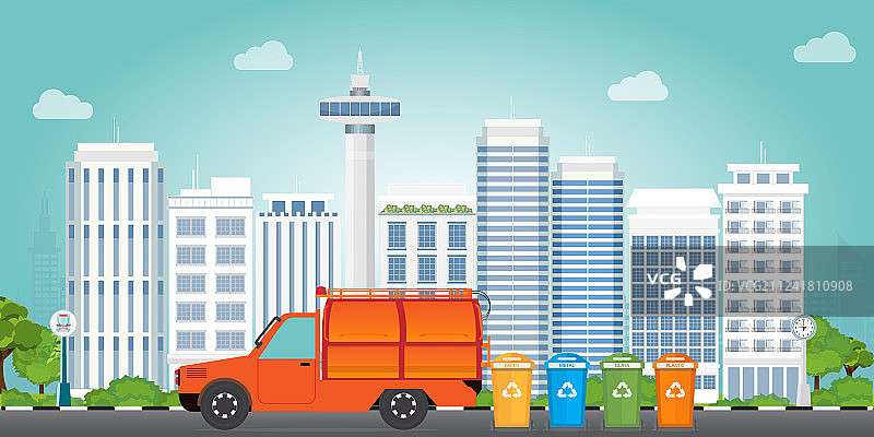 城市垃圾回收概念与垃圾车图片素材