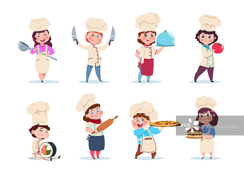 厨师、儿童，微笑的男孩和女孩在厨房图片素材