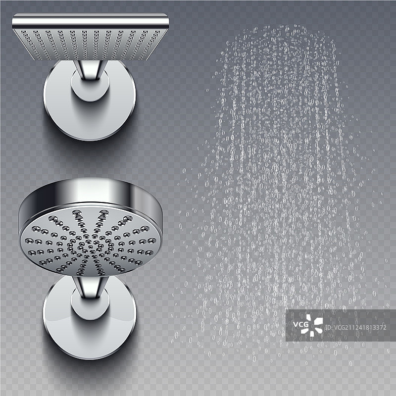 逼真的淋浴金属喷头和水滴图片素材