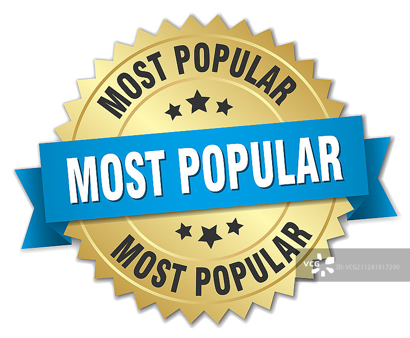 最受欢迎的蓝色丝带3D金色徽章图片素材