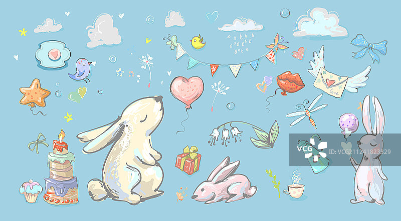 可爱卡通兔子气球派对图案图片素材