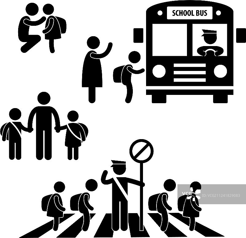 学生、小学生、儿童与返校巴士图片素材