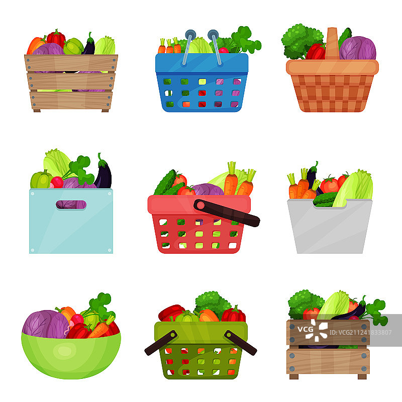 扁平风格木盒碗容器套装图片素材