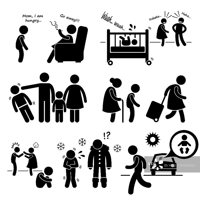 被忽视的儿童疏忽虐待火柴人图片素材