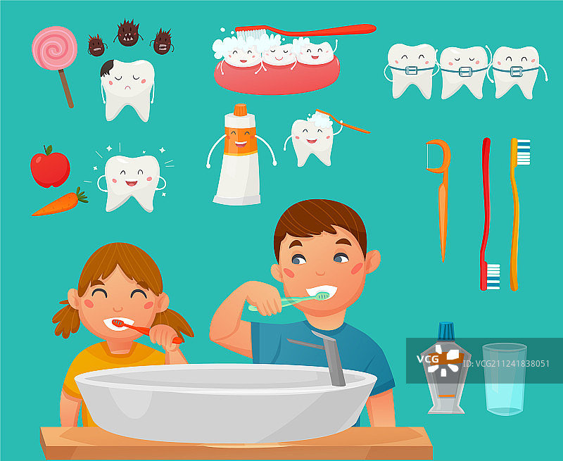 儿童刷牙图标集图片素材