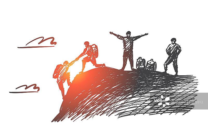 手绘互相帮助攀爬的人们图片素材