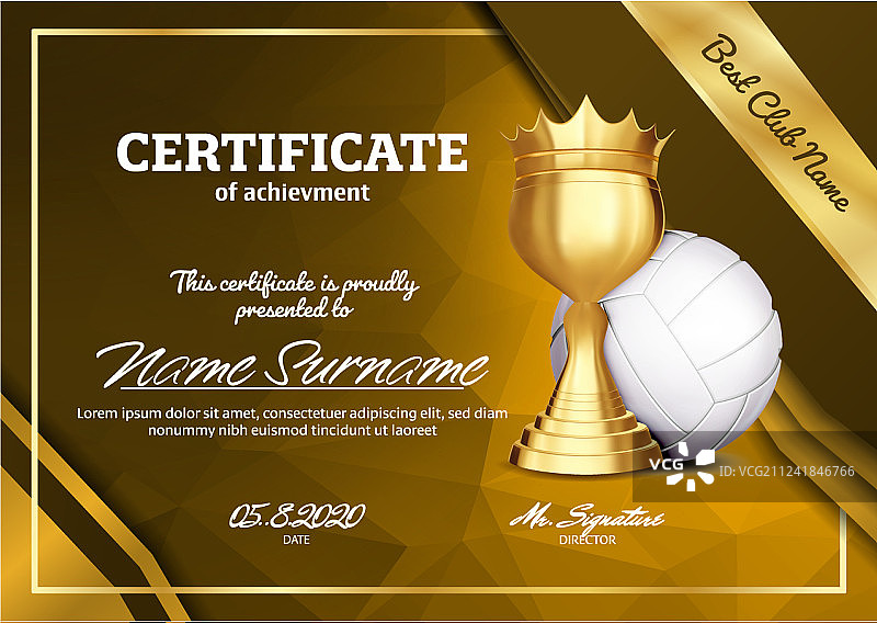 带金色奖杯的排球证书文凭图片素材