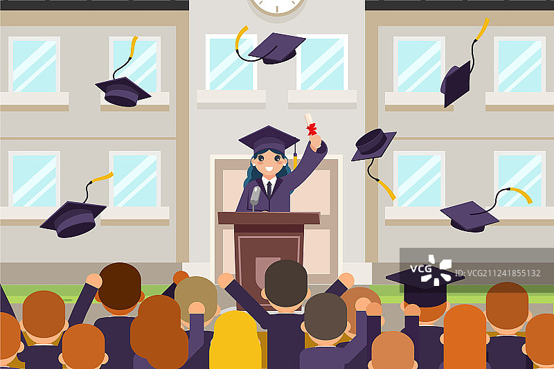 女毕业生在论坛上演讲，台下是学生图片素材